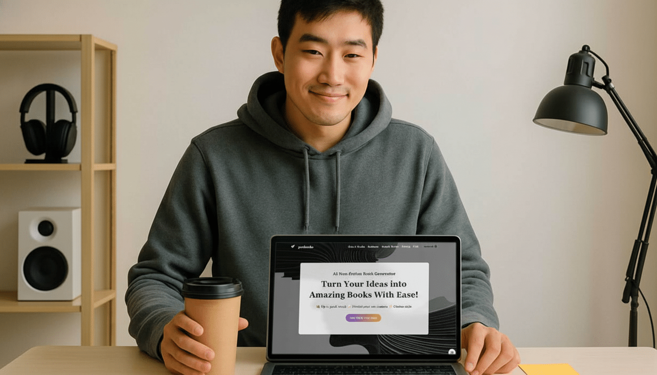 A man in a grey hoodie sitting at a desk with a laptop and a coffee cup, smiling at the camera.