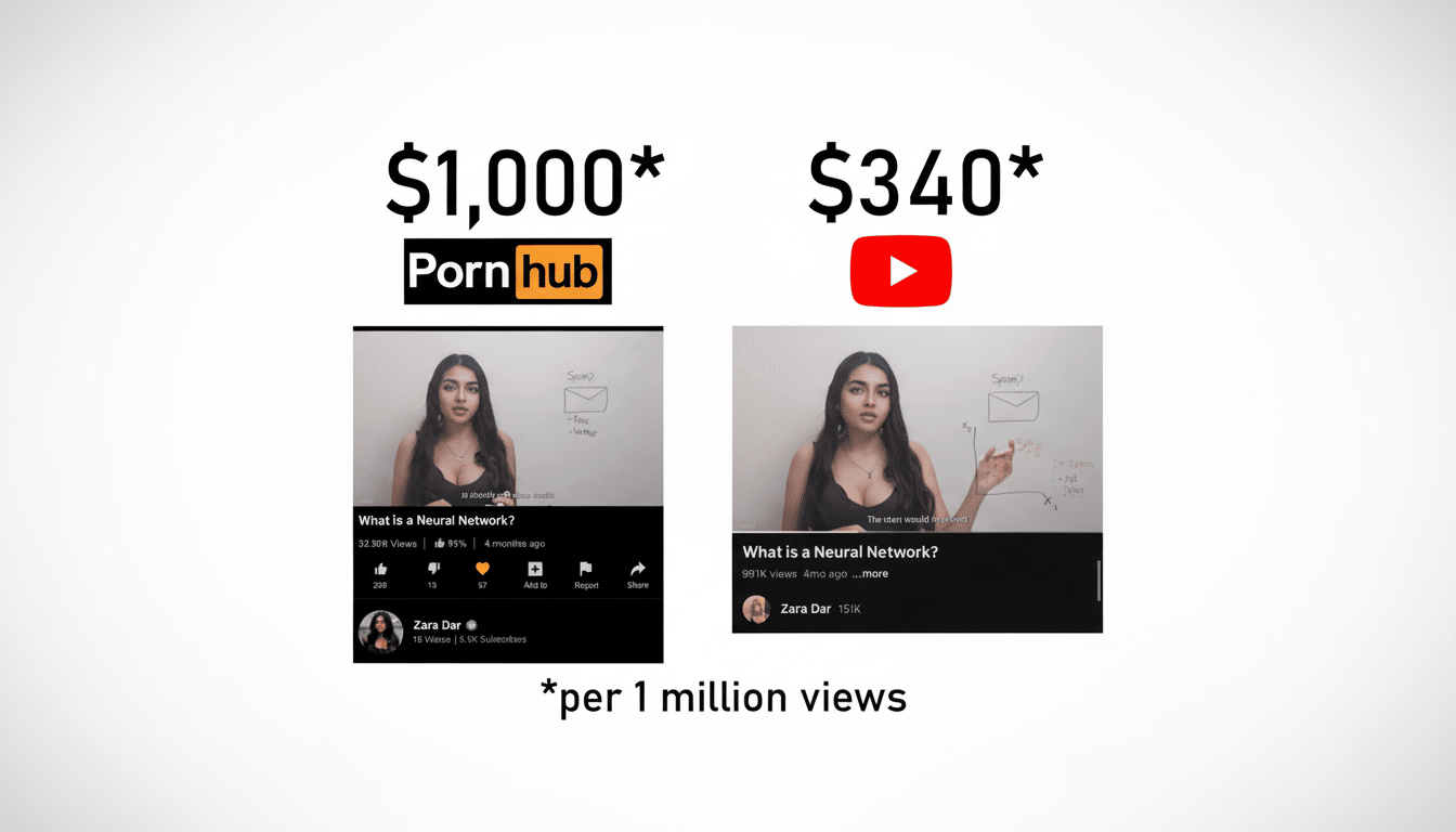 A comparison image showing two video platforms, Pornhub and YouTube, with their respective payouts per million views. Pornhub offers $1,000, while YouTube offers $340. Below each platforms logo are screenshots of a video titled What is a Neural Network? featuring a woman presenting.