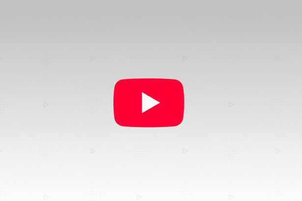 The YouTube logo, a red rounded rectangle with a white play icon, centered on a professional flat design background with soft gray gradients and subtle geometric patterns.