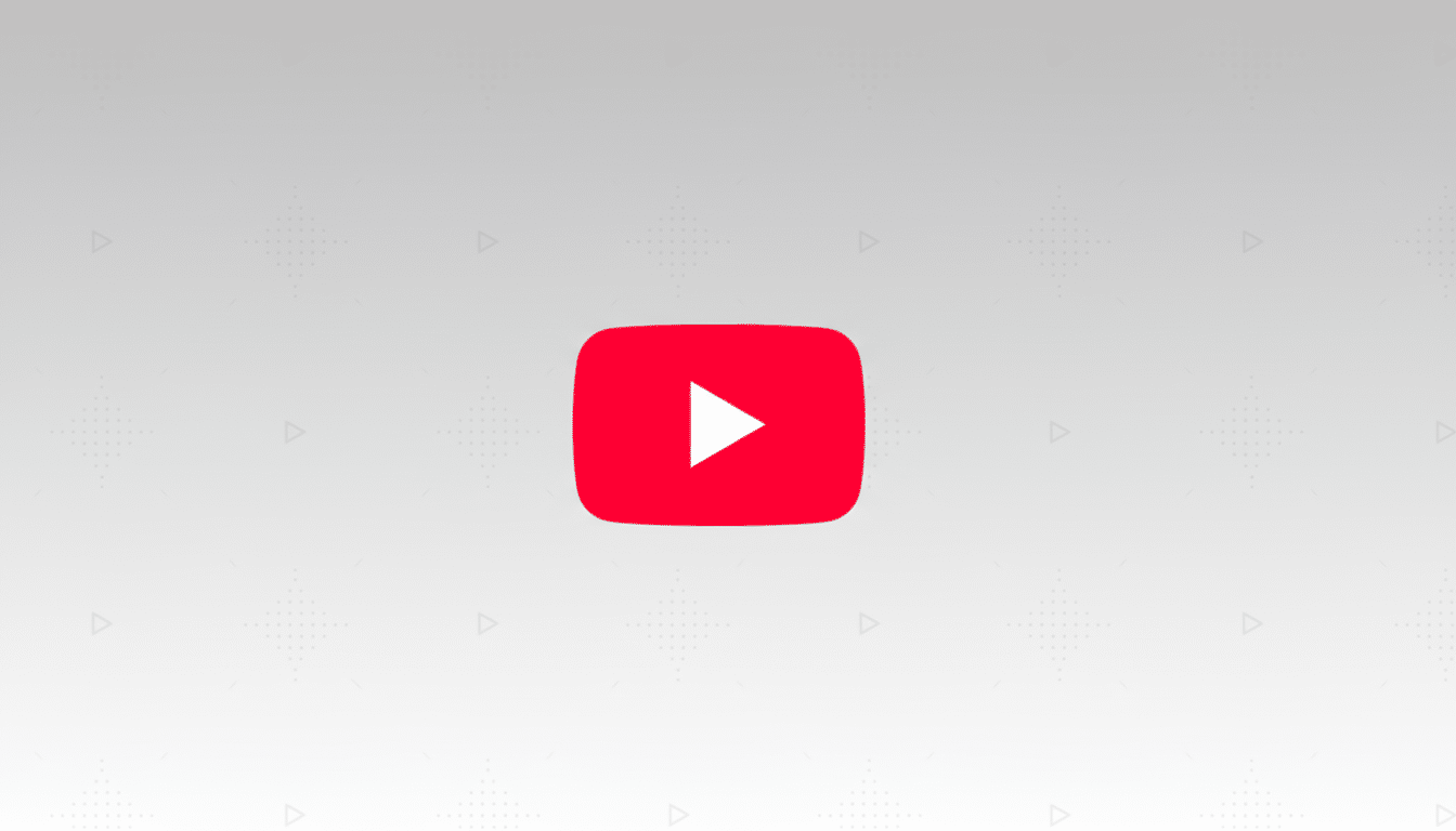 The YouTube logo, a red rounded rectangle with a white play icon, centered on a professional flat design background with soft gray gradients and subtle geometric patterns.