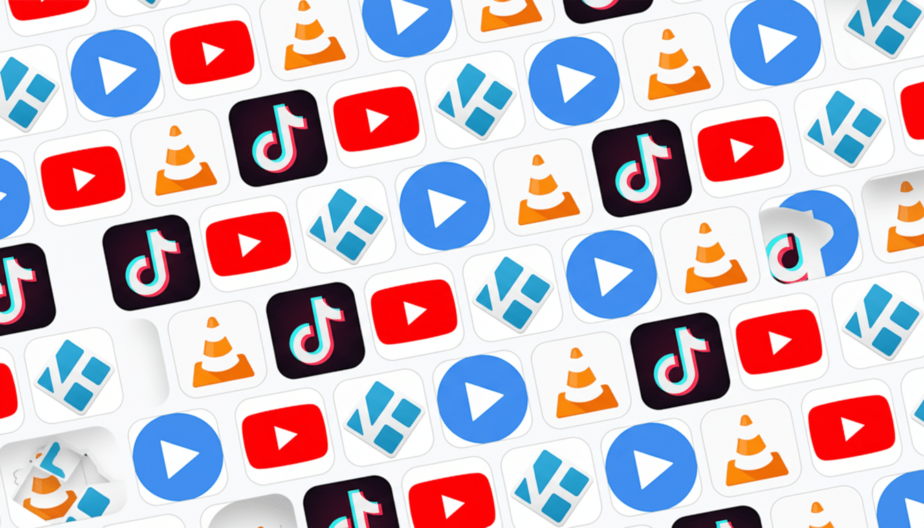A professional, enhanced image of various app icons including YouTube, TikTok, a blue play button, and a VLC media player cone, arranged in a repeating pattern on a white background, resized to a 16:9 aspect ratio.