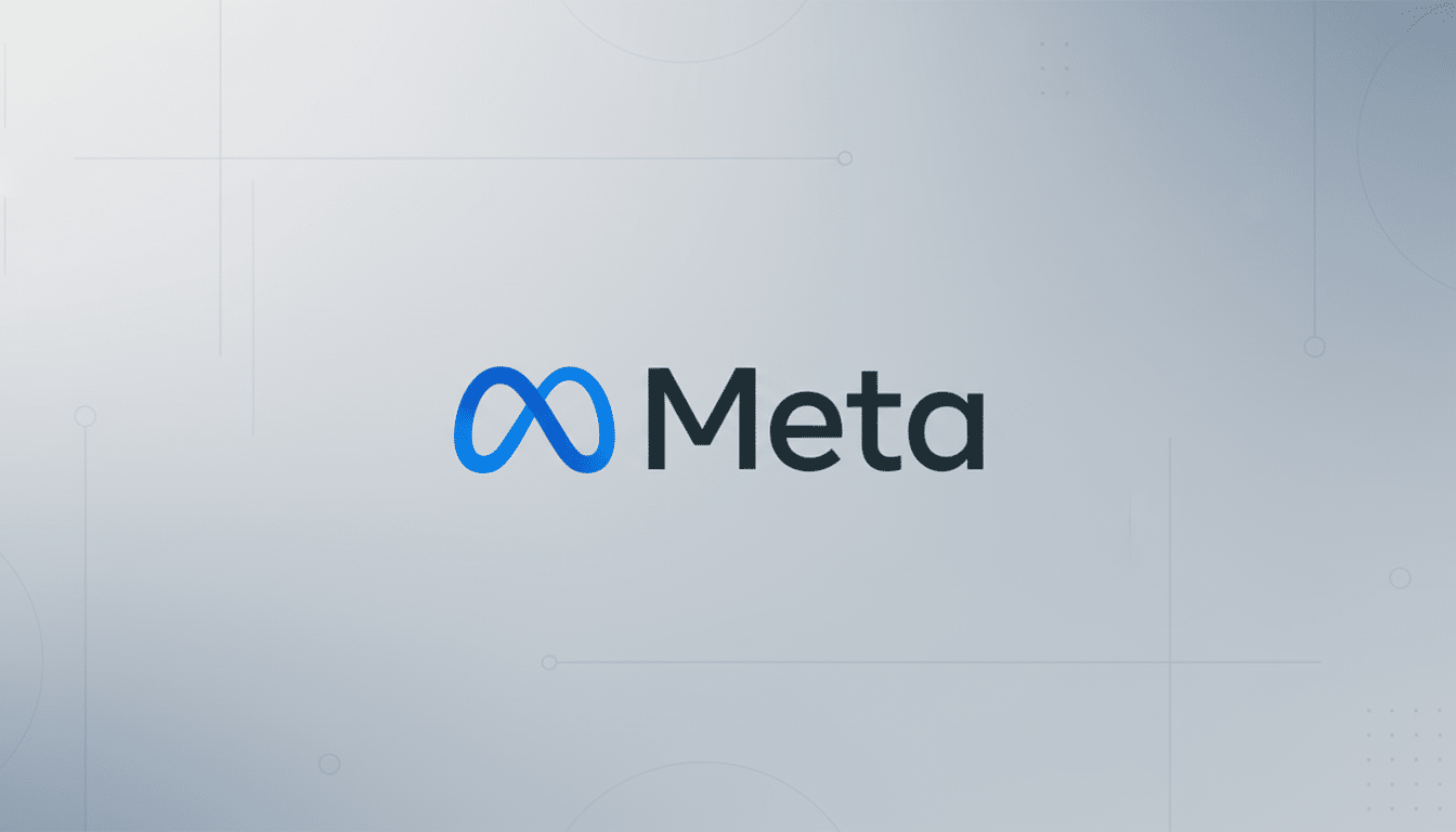 The Meta logo, featuring a blue infinity symbol next to the word Meta in dark gray, centered on a professional light gray background with subtle geometric patterns and gradients.