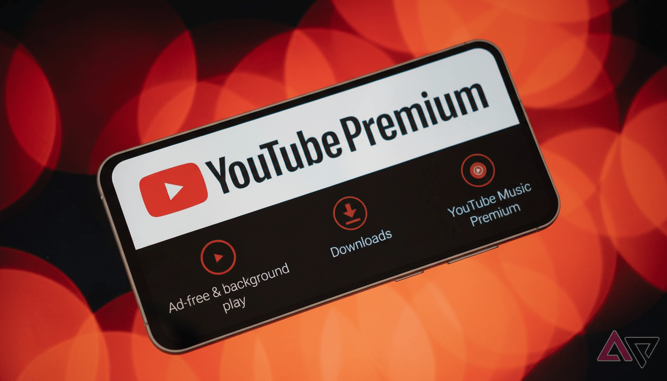 A smartphone displaying the YouTube Premium interface, with options for ad-free playback, downloads, and YouTube Music Premium, set against a blurred red background.