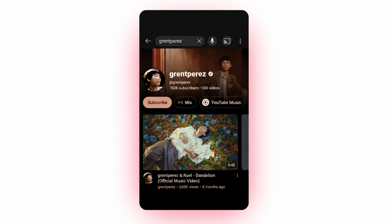 A mobile phone screen displaying the YouTube profile of grentperez with a video playing.