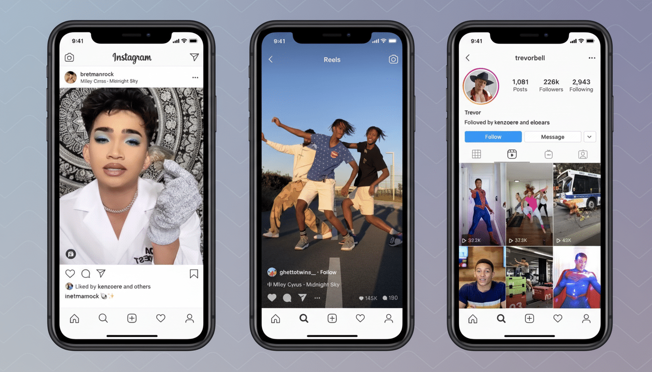 Three iPhones displaying Instagram content, with the center phone showing a Reels video of three people dancing outdoors.