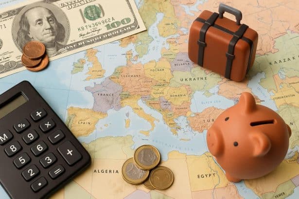 Affordable living overseas concept illustrated with travel essentials and currency notes on a map