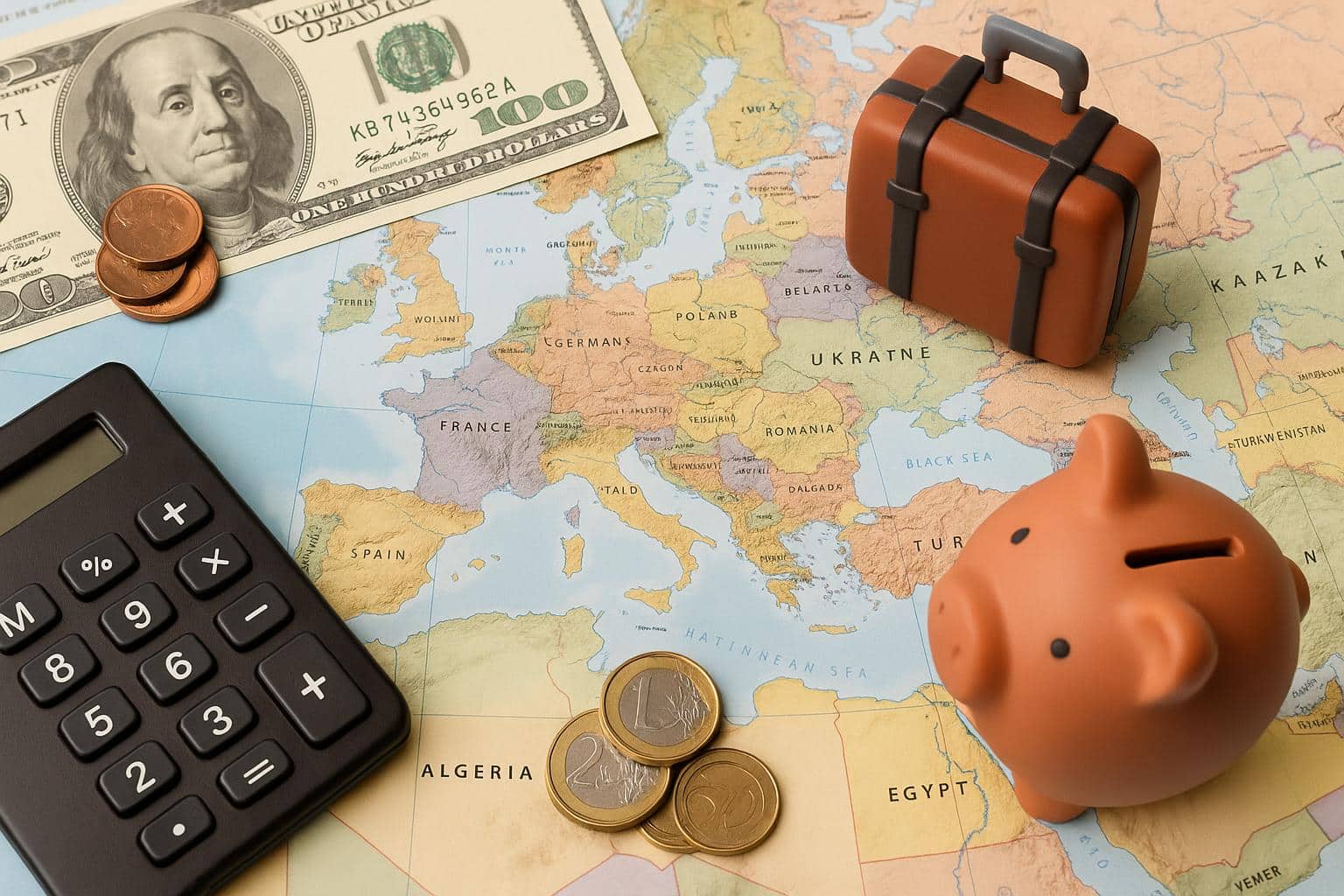 Affordable living overseas concept illustrated with travel essentials and currency notes on a map