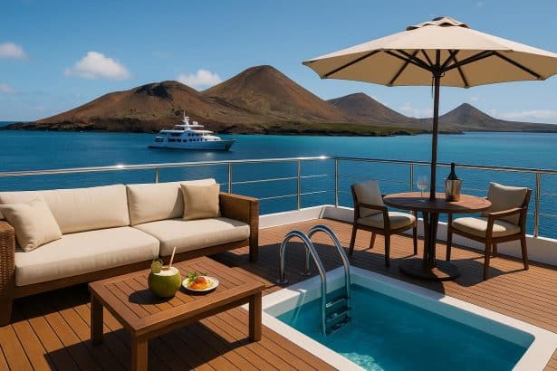 Luxury yacht cruising in pristine Galapagos waters with exotic wildlife and volcanic landscapes