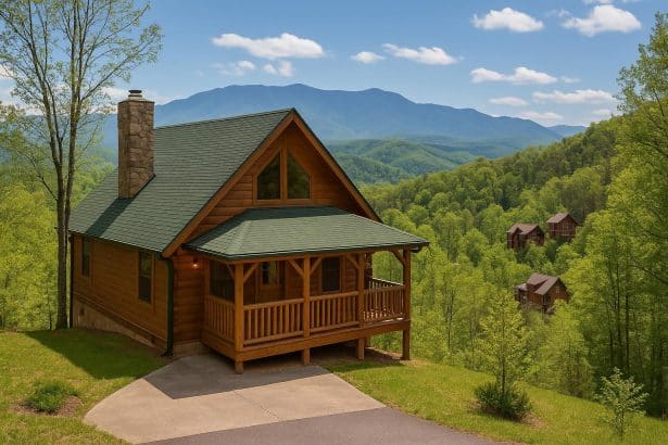 Scenic view of Gatlinburg cabin rental surrounded by trees in the Smoky Mountains