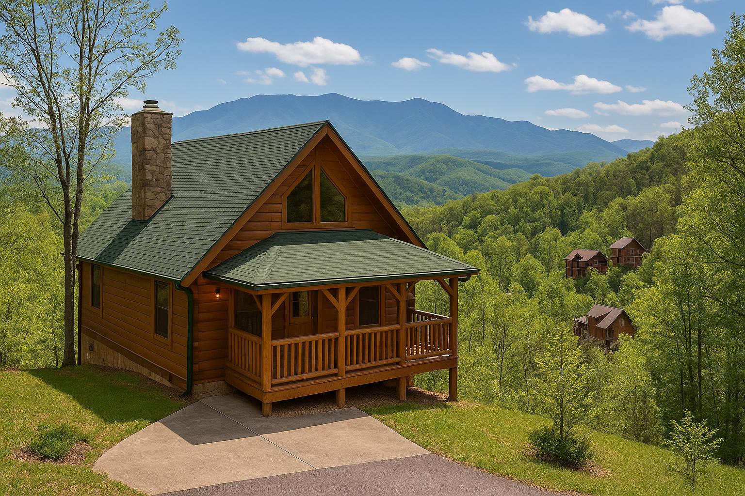 Scenic view of Gatlinburg cabin rental surrounded by trees in the Smoky Mountains