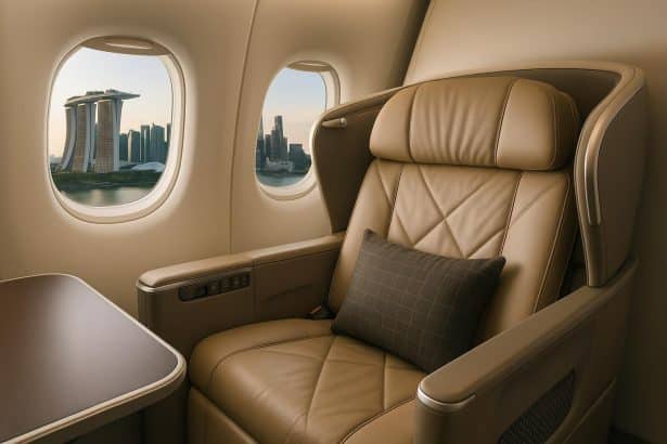 Business class airplane cabin with luxurious seating on a flight to Singapore