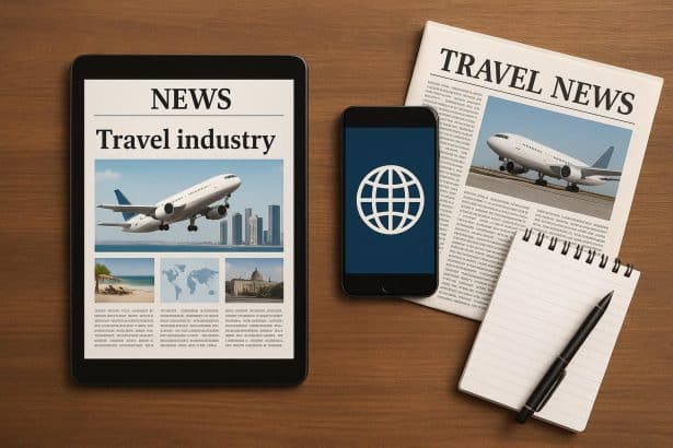 Travel news updates concept with digital devices, world map, and headlines in a modern workspace