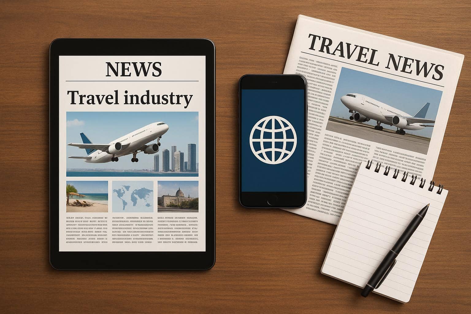 Travel news updates concept with digital devices, world map, and headlines in a modern workspace