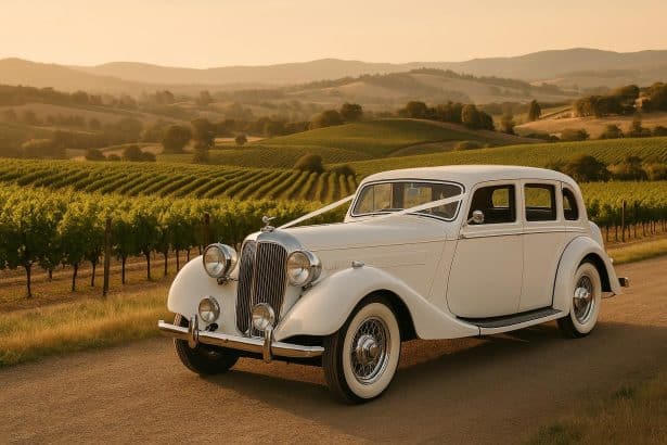 Classic white wedding car parked among vineyard rows under a clear sky in wine country