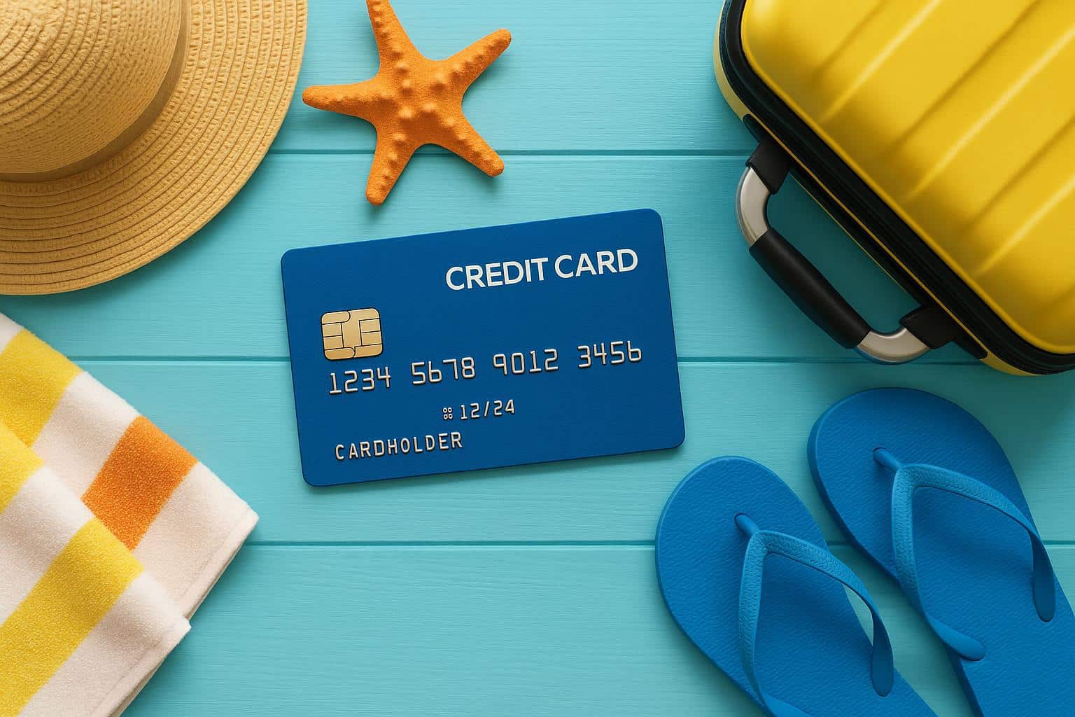 Travel essentials and credit card on suitcase promoting spring-break preparation and smart packing