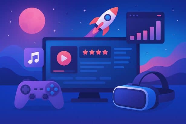 Streaming interface and futuristic digital devices representing emerging trends in entertainment platforms