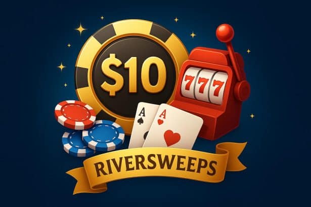 Riversweeps casino app displayed on smartphone with $10 bonus offer highlighted in banner
