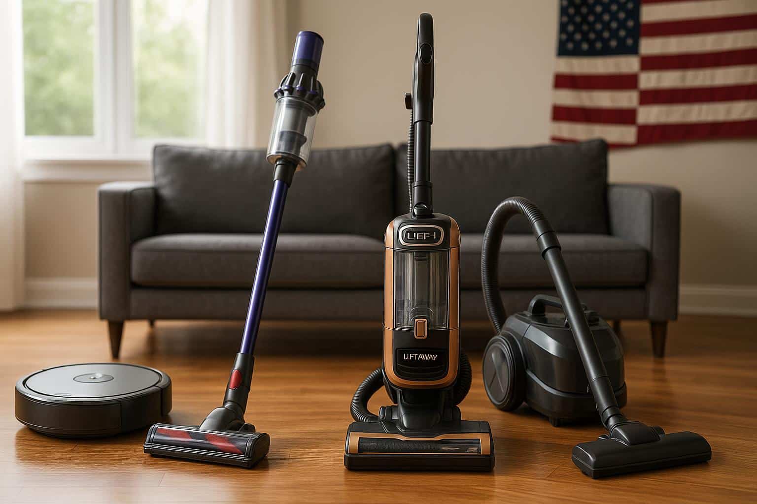 Modern vacuum cleaner on carpet in a bright living room, showcasing top home cleaning solutions