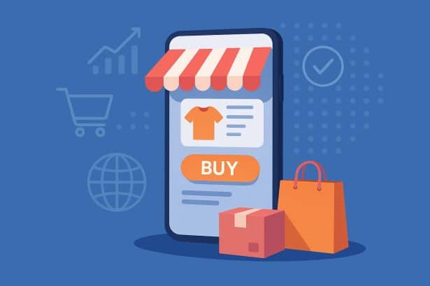 Smartphone displaying ecommerce app interface with shopping cart and product icons