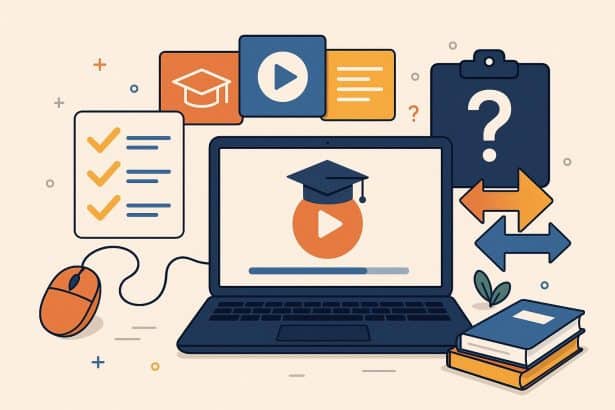 Laptop with educational icons representing top online learning platforms selection tips