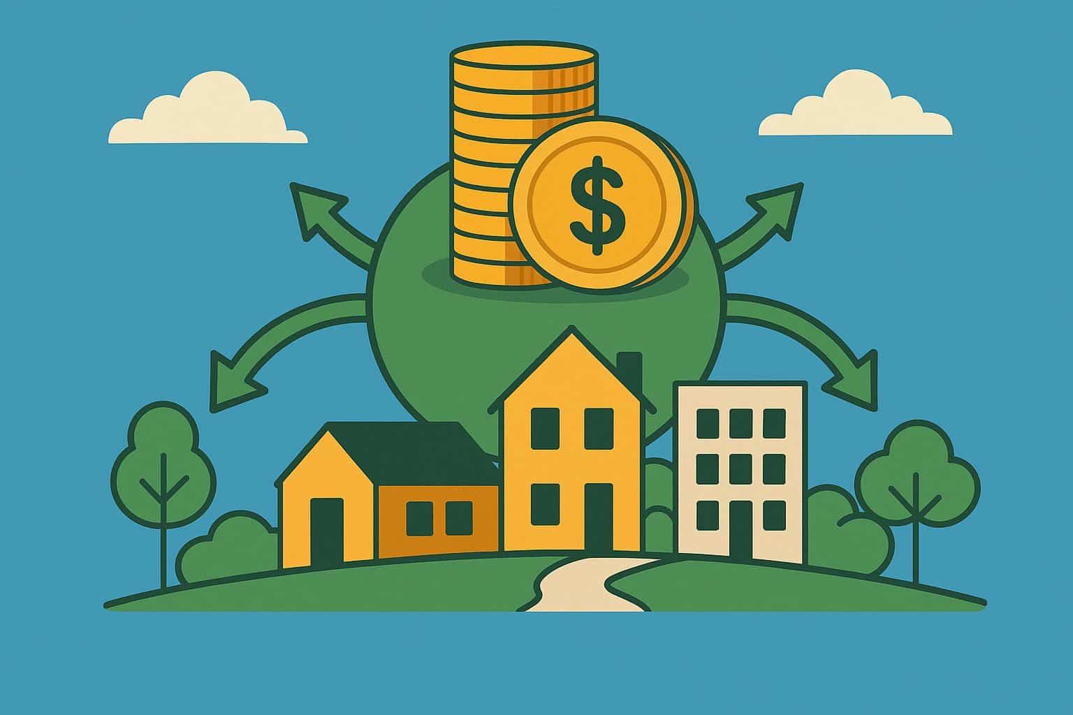 Stack of coins supporting a thriving neighborhood, symbolizing financial stability and community well-being