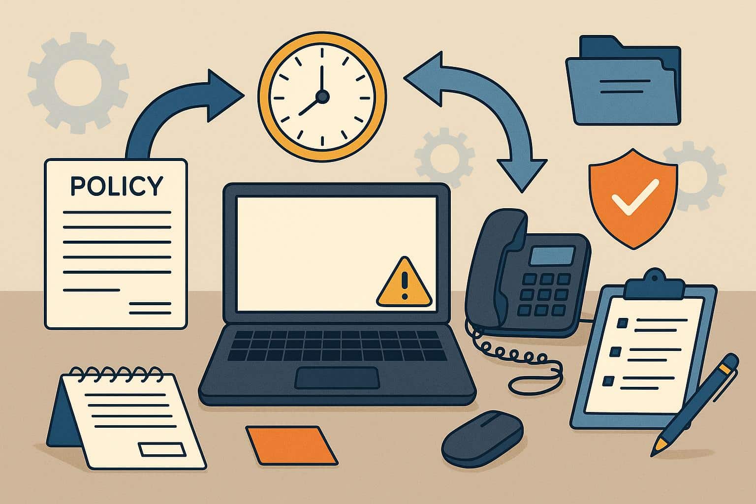 Multiple insurance agents juggling paperwork and digital tasks in a busy office environment