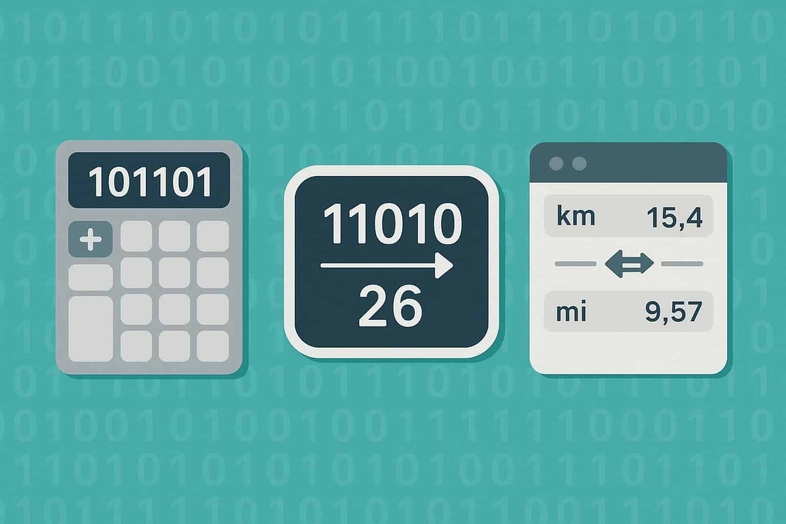 Digital calculator interface displaying binary and decimal conversion with unit converter tools
