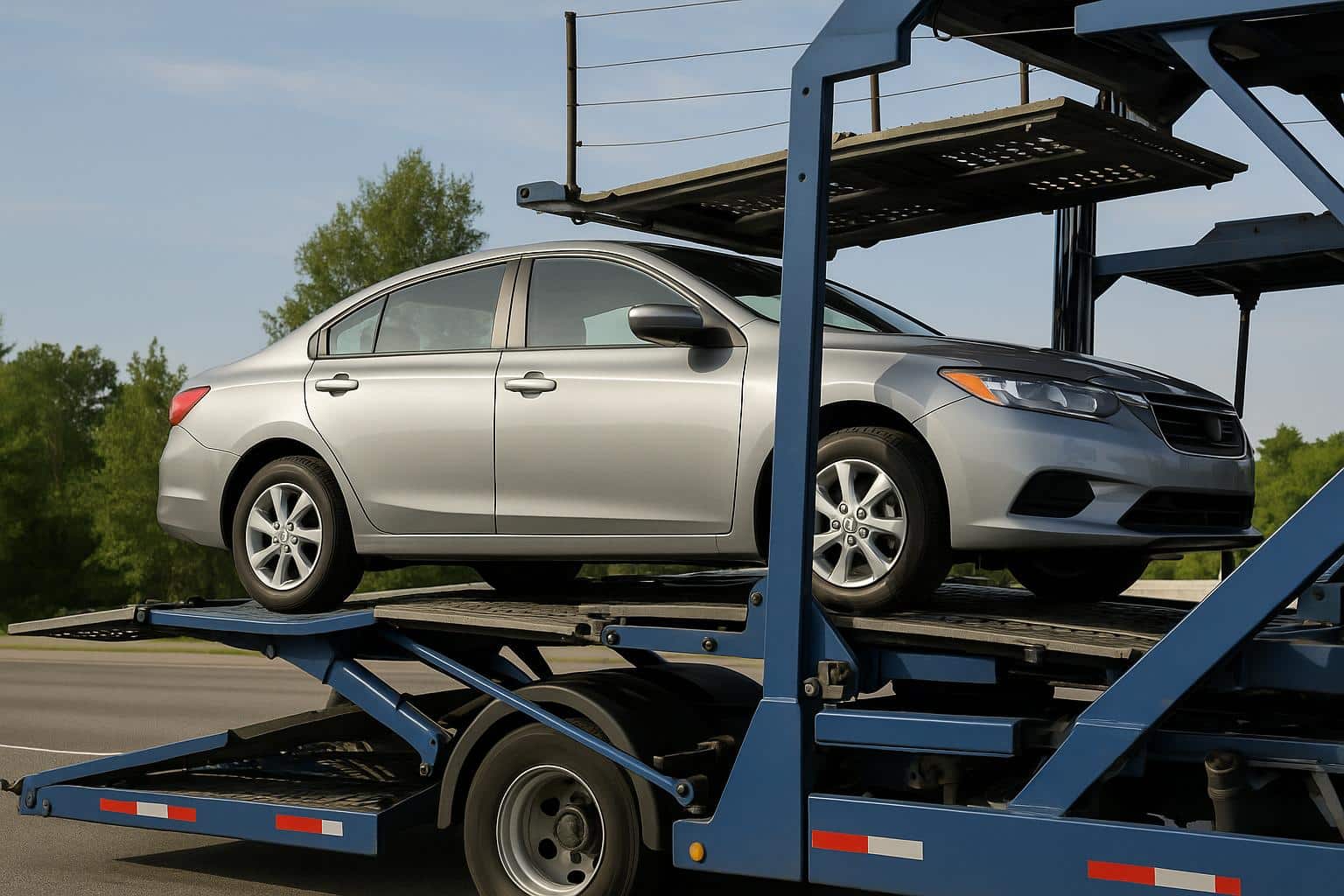 Car being loaded onto a transport truck for cross-country vehicle shipping and relocation