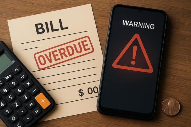 Overdue postpaid bill notification with warning sign representing missed payment consequences