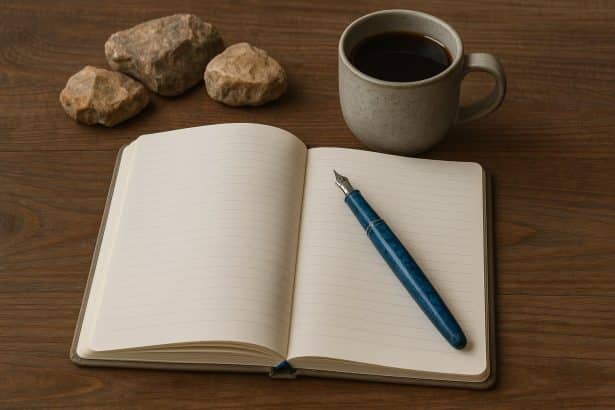 Open notebook with pen and blooming flowers symbolizing healing through therapeutic storytelling