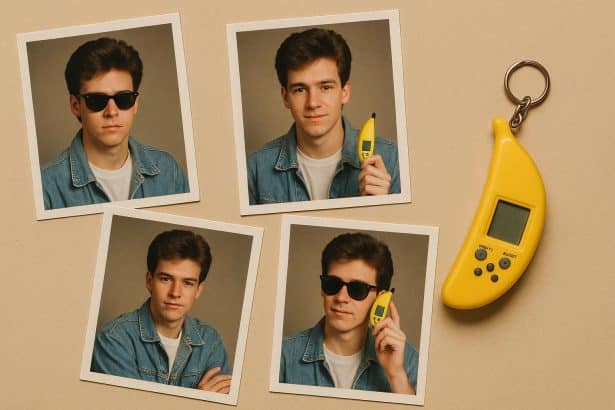 Person posing with Nano Banana camera, recreating retro 80s and 90s photography style