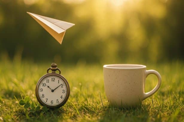 Clock, open field, and sunlight symbolizing time, freedom, and appreciating simple life's joys