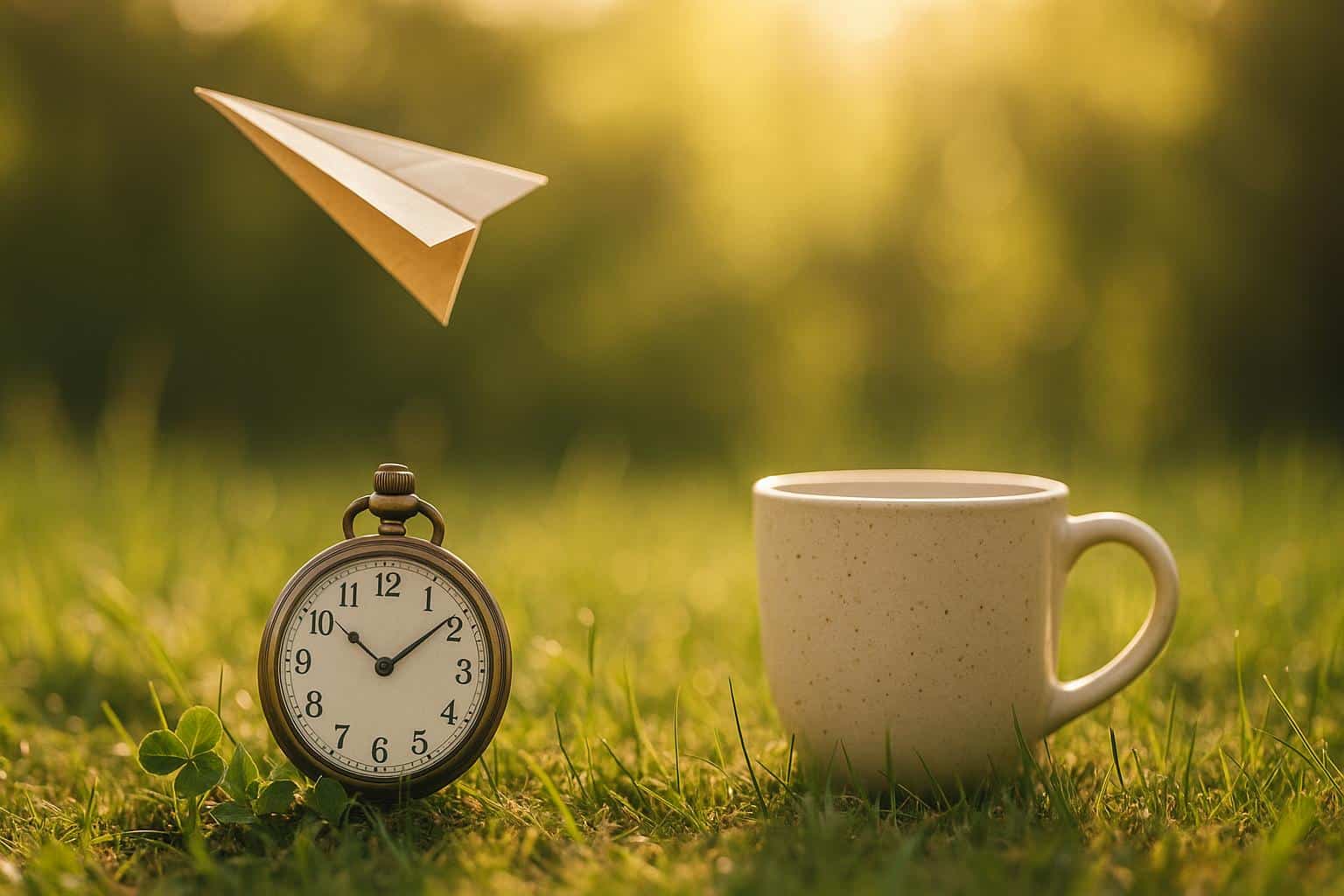 Clock, open field, and sunlight symbolizing time, freedom, and appreciating simple life's joys