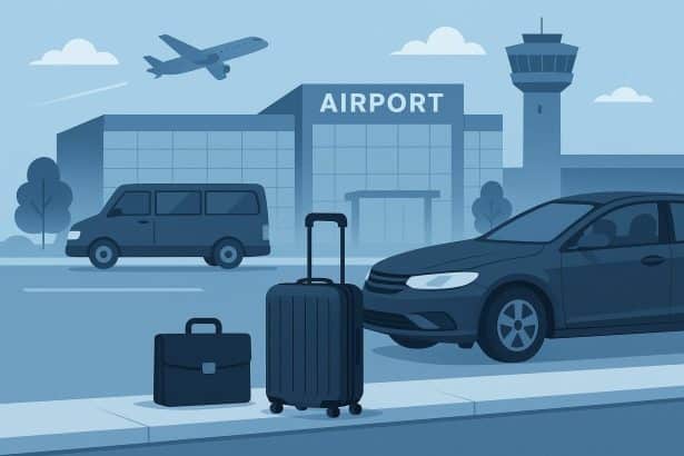 Modern airport shuttle bus picking up business travelers outside airport terminal