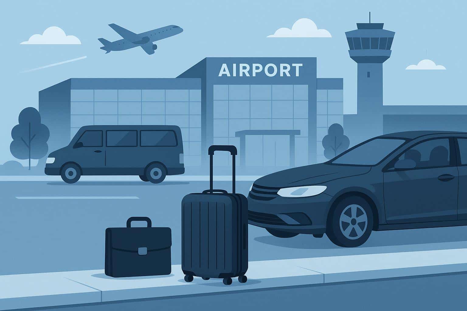 Modern airport shuttle bus picking up business travelers outside airport terminal