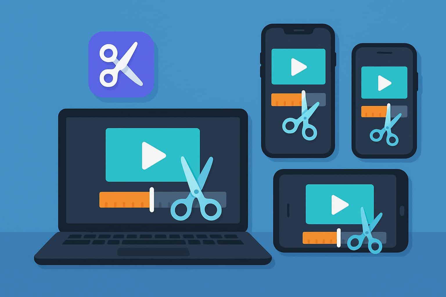 Video trimming app interfaces displayed on desktop and mobile devices for easy editing comparison