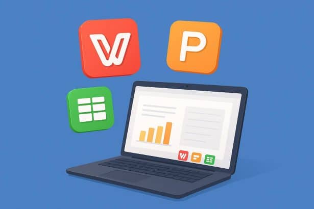 Laptop displaying WPS Office dashboard with productivity charts and documents on a workspace desk