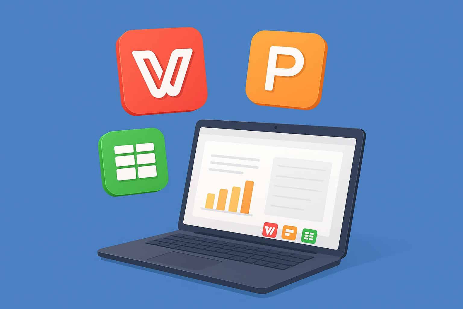Laptop displaying WPS Office dashboard with productivity charts and documents on a workspace desk