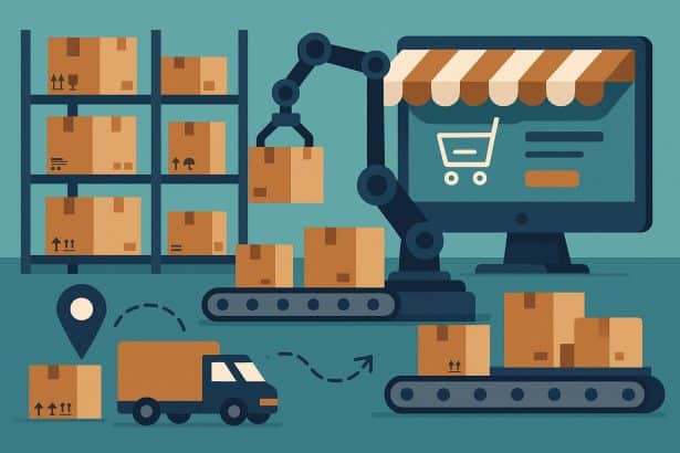 Warehouse shelves with packed boxes and forklifts, representing efficient e-commerce fulfillment
