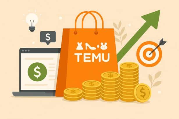 Temu affiliate program dashboard with growth charts and smart deal creation tools highlighted