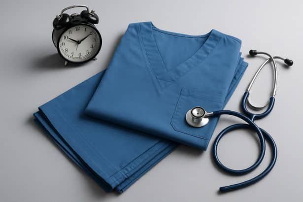 Blue medical scrubs neatly folded on a clinic table, highlighting healthcare professionals&rsquo; attire