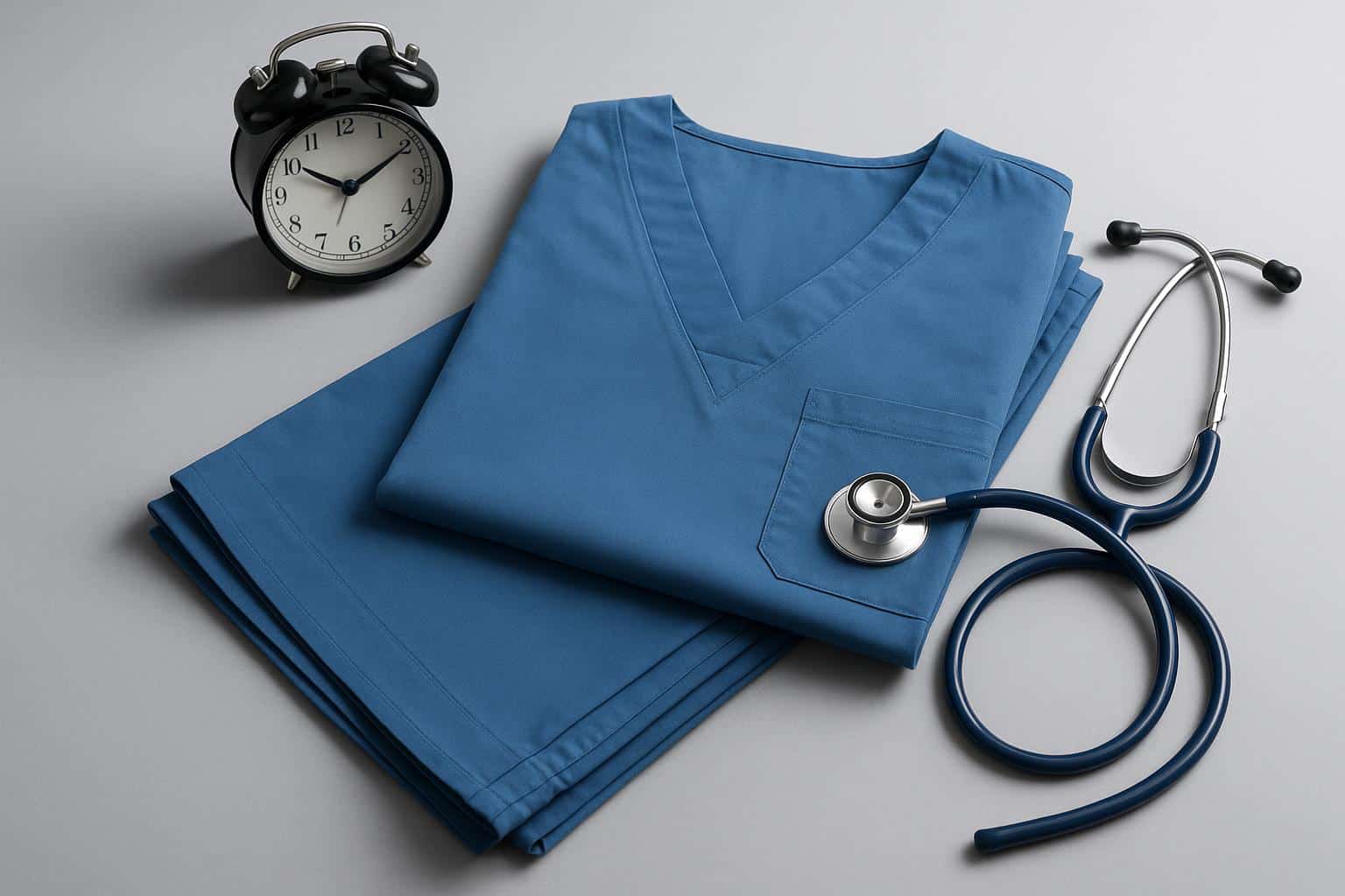 Blue medical scrubs neatly folded on a clinic table, highlighting healthcare professionals’ attire