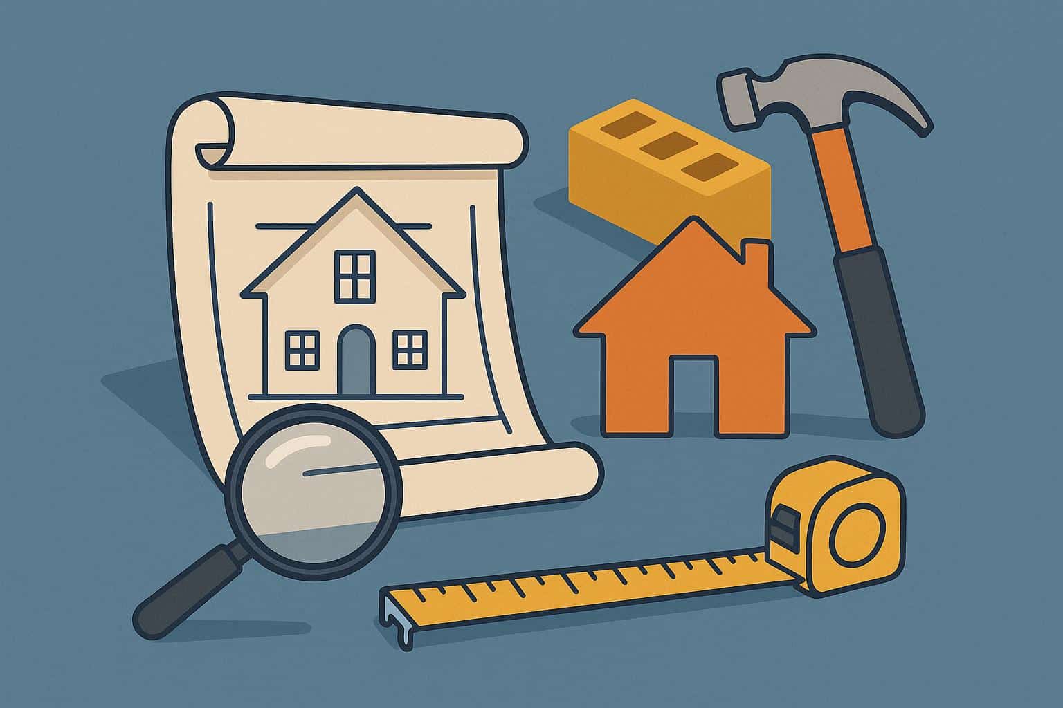 Modern house under construction with building materials and blueprints for hiring a home builder