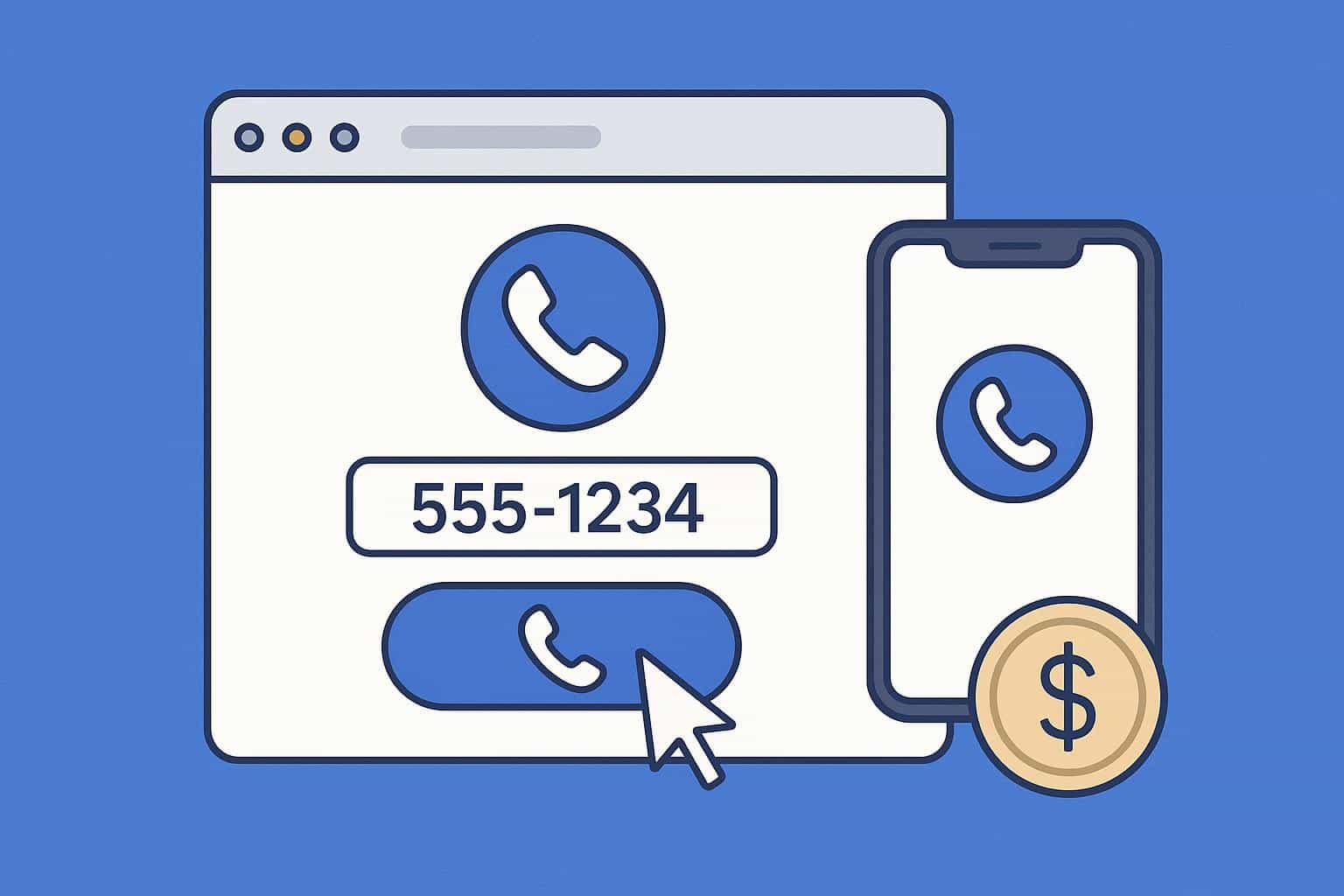Browser interface displaying a phone call feature with call button and phone number entry field