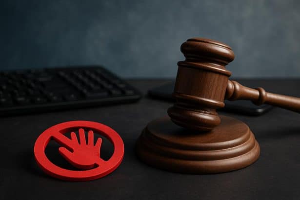 Court gavel and digital devices symbolizing legal impact of sexual abuse claims on online safety laws