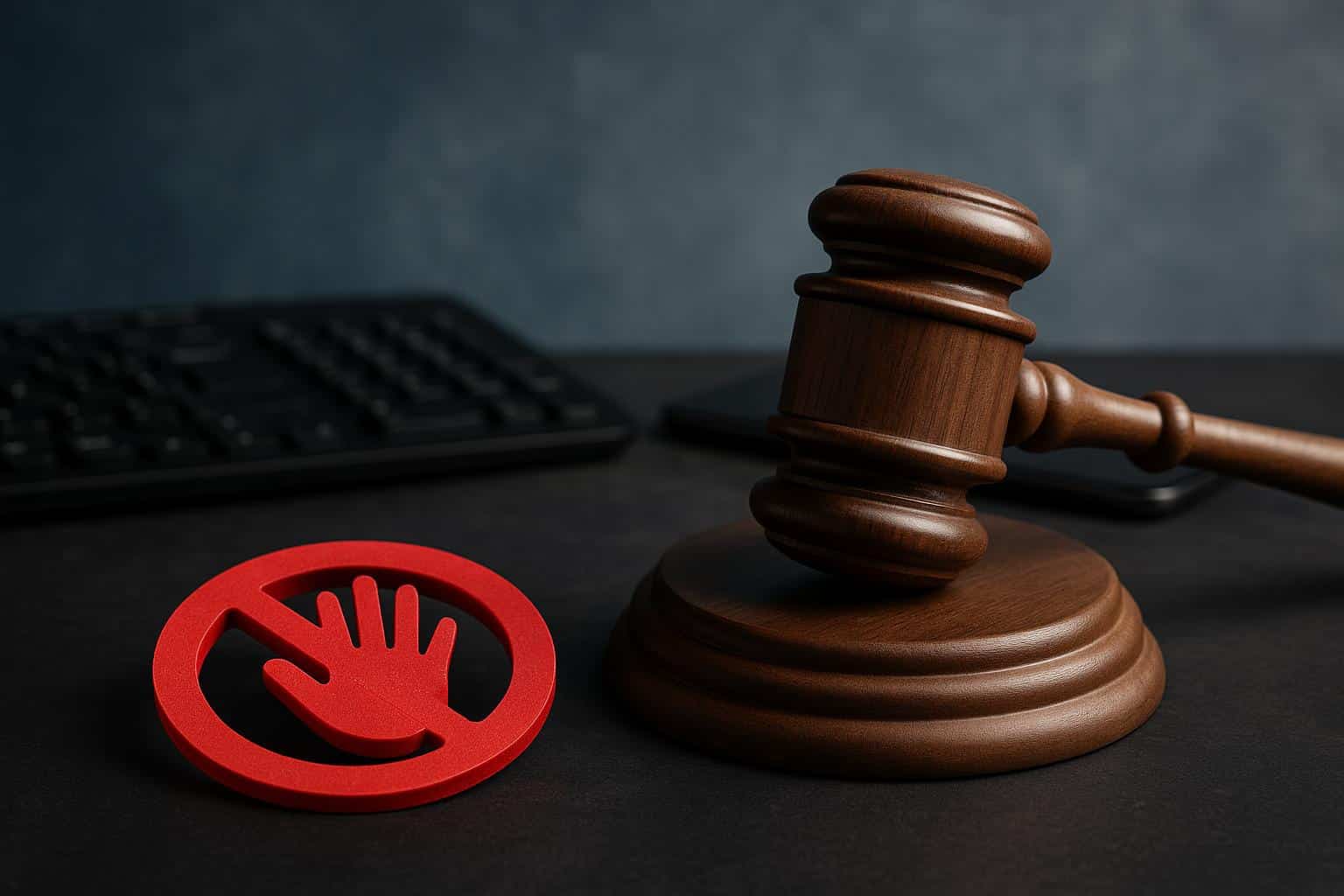 Court gavel and digital devices symbolizing legal impact of sexual abuse claims on online safety laws