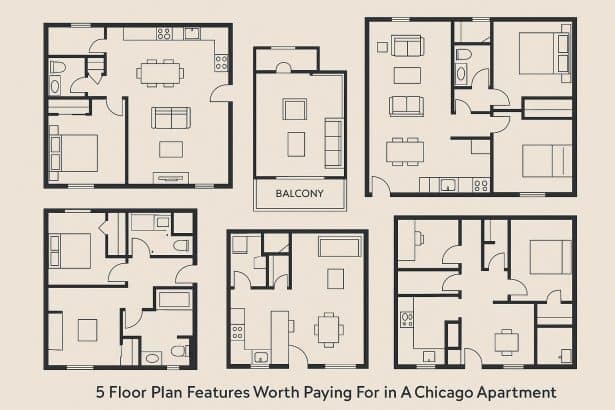 Modern Chicago apartment living room showcasing open floor plan with high-end kitchen features