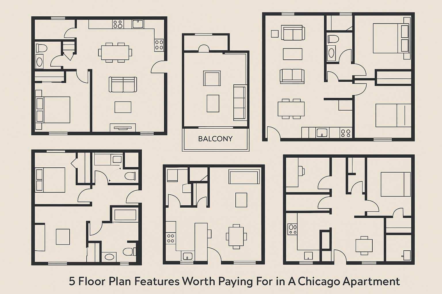 Modern Chicago apartment living room showcasing open floor plan with high-end kitchen features