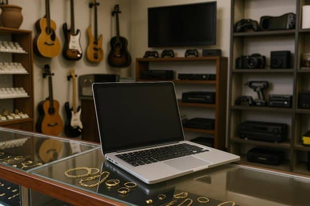 Laptops displayed on shelves in a Phoenix pawn shop, highlighting affordable tech deals