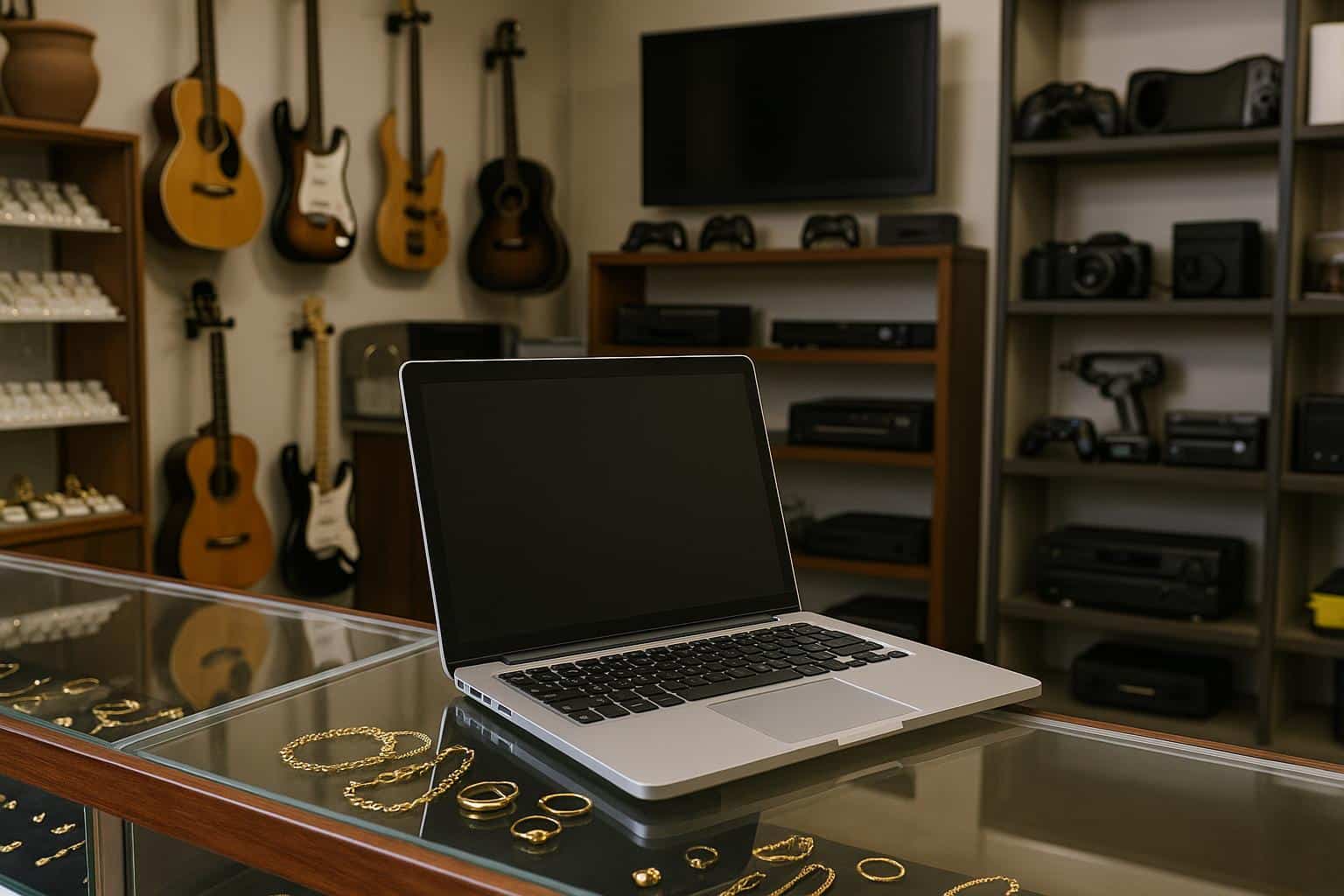 Laptops displayed on shelves in a Phoenix pawn shop, highlighting affordable tech deals